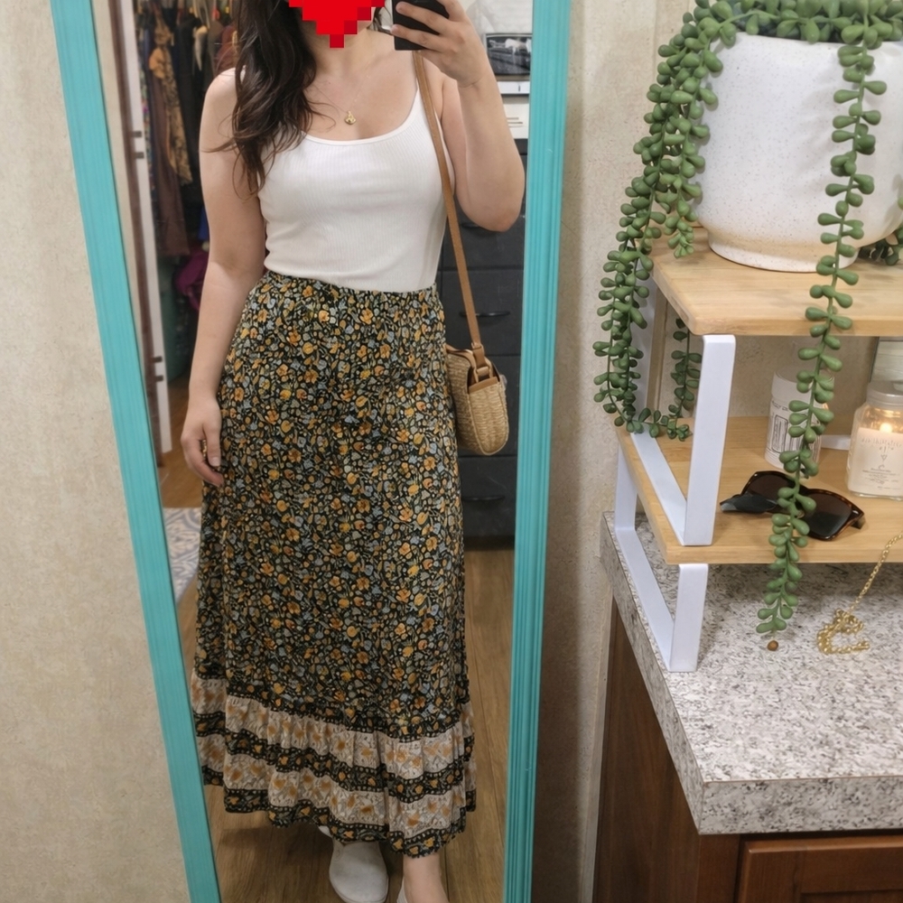 Women’s Black Floral Maxi Skirt with Mustard Accents